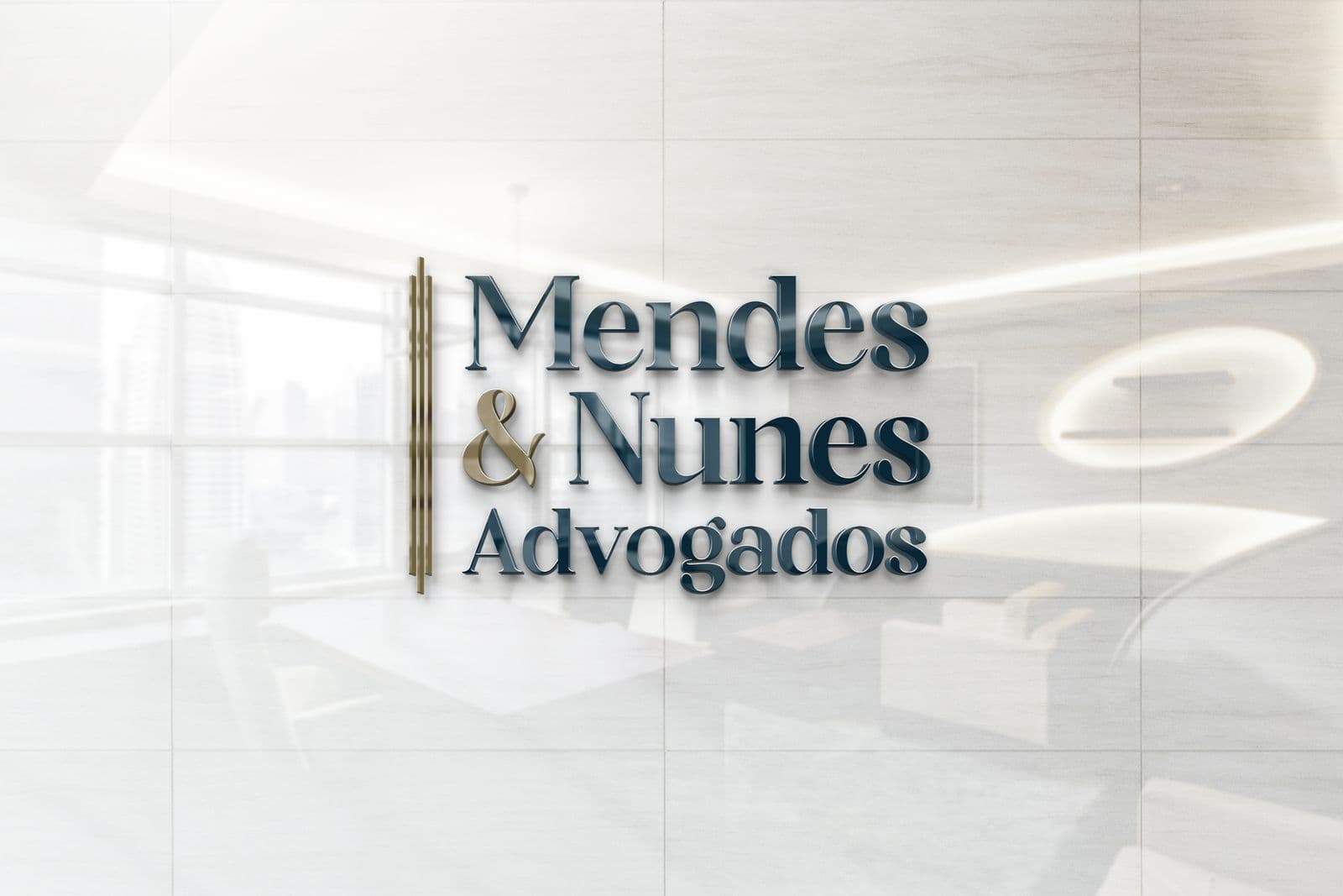Aplicação da marca Mendes e Nunes Advogados em ambiente corporativo